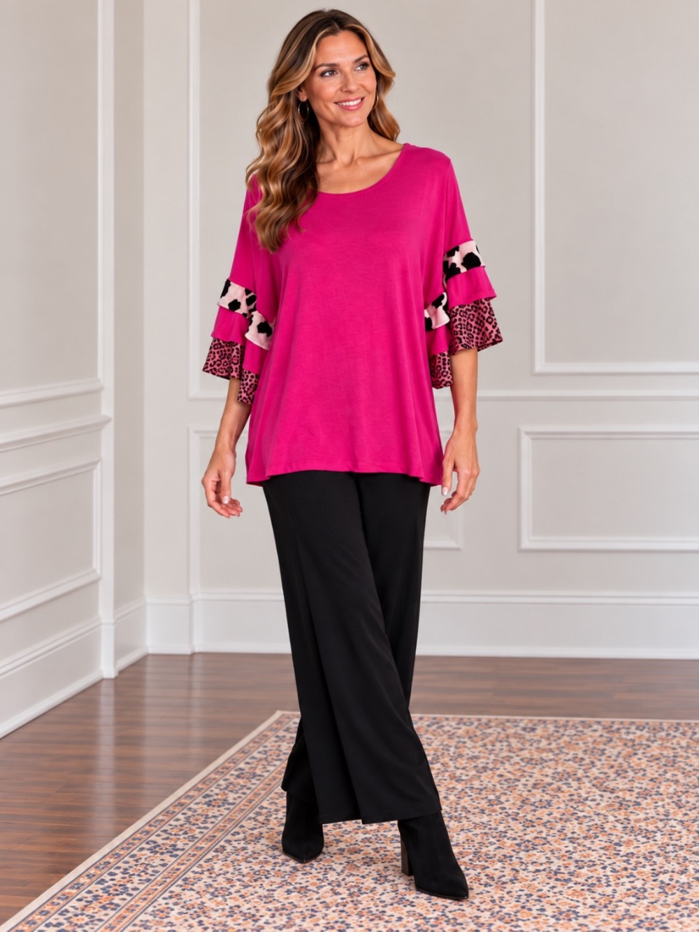 CELESTE Fuchsia Ruffle Sleeve Top Size: XL